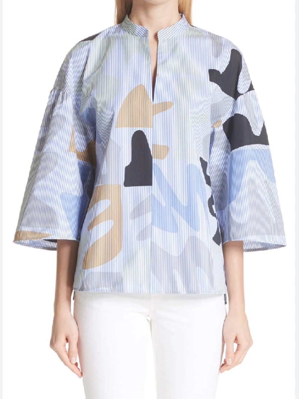 Lafayette 148 New York Blue Multi Abstract Collarless Popover
